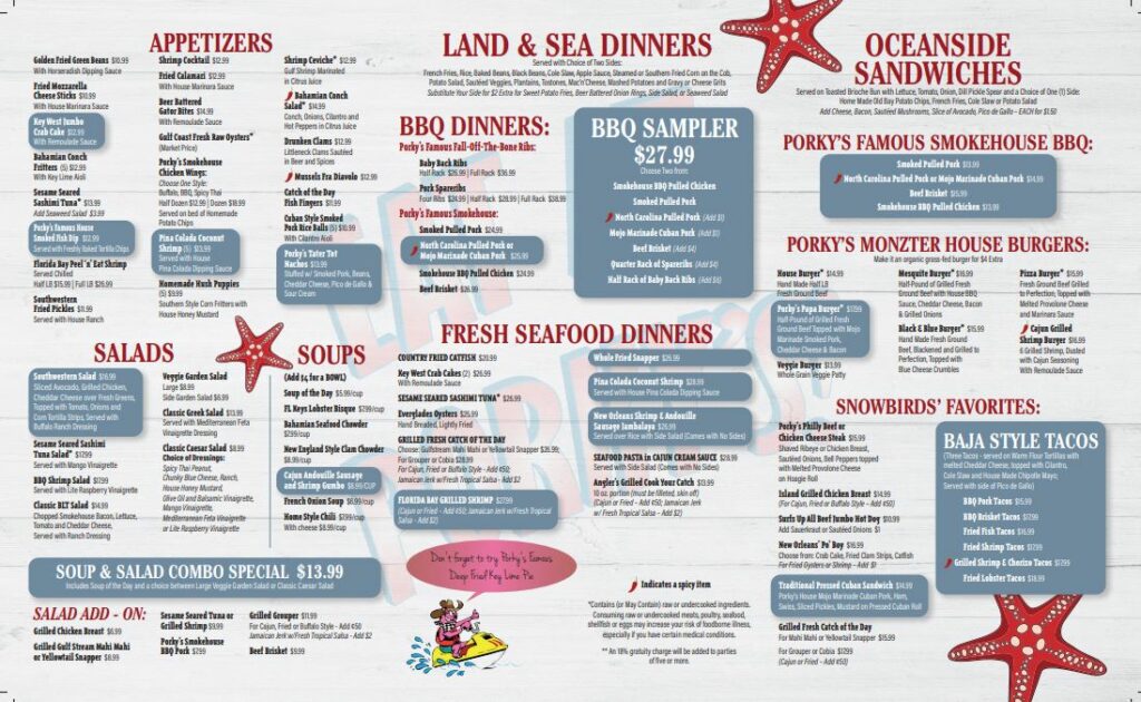 Porky's Bayside Restaurant and Marina lunch & dinner menu offering a variety of delicious dishes